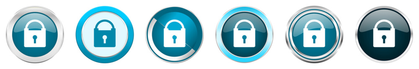 Aufkleber - Padlock silver metallic chrome border icons in 6 options, set of web blue round buttons isolated on white background