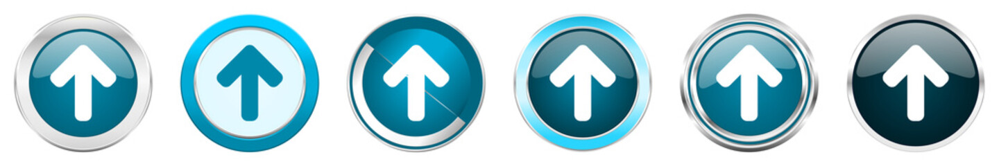 Aufkleber - Up arrow silver metallic chrome border icons in 6 options, set of web blue round buttons isolated on white background