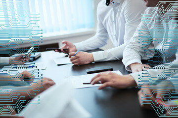 business concept, technology, blockchain, internet and future computer network concept. a group of y