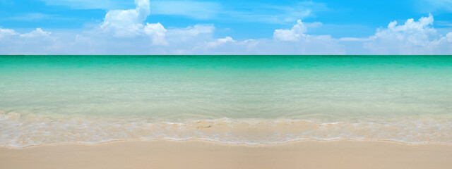 panorama of tropical beach with blue scene, sky and cloud for travel, advertising concept