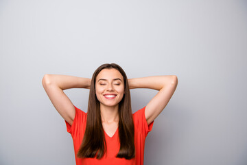 Poster - Close-up portrait of her she nice attractive lovely lovable cute winsome cheerful cheery dreamy straight-haired girl enjoying good day isolated over light gray pastel color background