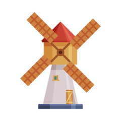 Sticker - Windmill Old Traditional Agricultural Building Cartoon Vector Illustration on White Background