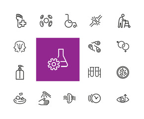 Poster - Medical care icons. Set of line icons. Eye sight, virus, wheelchair. Wellness concept. illustration can be used for topics like healthcare, medication, treatment.