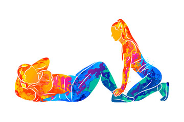 Abstract young plus-size woman does a press exercise with a trainer from splash of watercolors. Vector illustration of paints. Improves the abdominal muscles. Fitness, weight loss