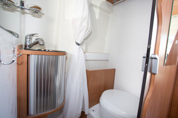 vacation campervan interior bathroom wc wooden in modern new motor home toilet