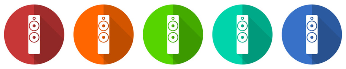 Poster - Music speaker, loudspeaker icon set, red, blue, green and orange flat design web buttons isolated on white background, vector illustration
