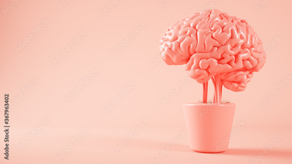 pink brain growing on a plant 3d rendering - obrazy, fototapety, plakaty 
