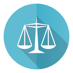 Poster - Justice vector icon, flat design blue round web button isolated on white background