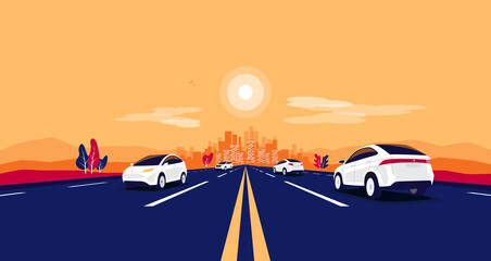 Car traffic on the road panoramic perspective horizon vanishing point view. Flat vector cartoon style illustration urban landscape vehicle motorway, skyline city buildings and highway going to city.