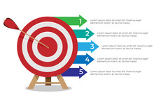 Dartboard Arrows Hitting Target, Objective Achieved, Target Concept With Five Steps Infographics