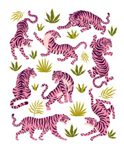 Set Of Pink Tigers And Tropical Leaves. Trendy Illustration.