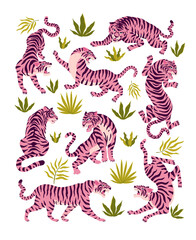 Set of pink tigers and tropical leaves. Trendy illustration.