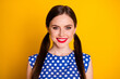Portrait of candid attractive charming girl look toothy smile in camera enjoy summer weekend wear glamour style clothes isolated over bright color background