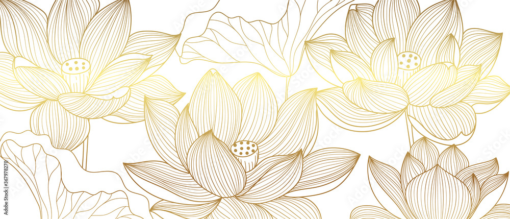 Luxury wallpaper design with Golden lotus and natural background. Lotus line arts design for fabric, prints and background texture, Vector illustration. - obrazy, fototapety, plakaty 