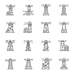 Wall Mural - Lighthouse, icon set. Marine lighthouses, linear icons. Line with editable stroke