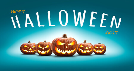 Wall Mural - five halloween, jack o lanterns, with evil spooky eyes and faces isolated against a blue lit backgro
