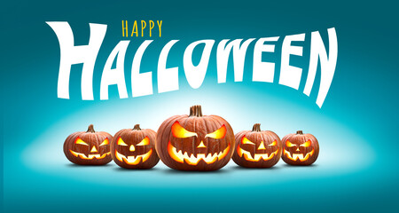 Wall Mural - five halloween, jack o lanterns, with evil spooky eyes and faces isolated against a blue lit backgro