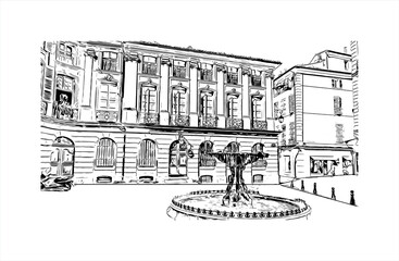 Building view with landmark of Aix-en-Provence is a university city in the  region of southern France. Hand drawn sketch illustration in vector.