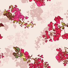 Pink Bougainvillea Layered Floral Seamless Vector Pattern Background With Gren Foliage For Fabric, Wallpaper, Stationery, Scrapbooking Projects Or Backgrounds.