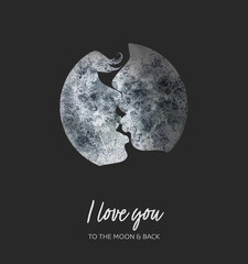 hand drawn watercolor moon illustration outline of romantic kiss of two lovers on dark background.