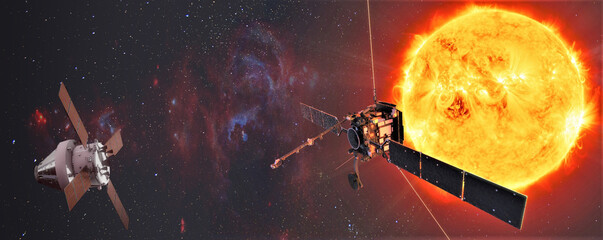Wall Mural - spaceships flies near the sun in space. elements of this image furnished by nasa.
