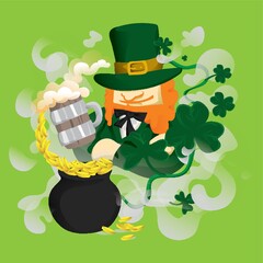 Poster - leprechaun with beer mug and pot of gold