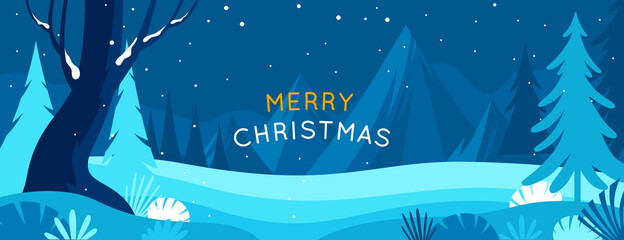 Aufkleber - Vector illustration in trendy flat simple style - Merry  Christmas and Happy New Year greeting card and banner - winter landscape