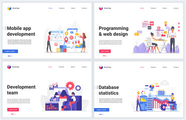 Web design programming development vector illustrations. Creative modern teamwork concept banner set, flat digital design with developer designer team tests, builds ui interface, analyzing statistics