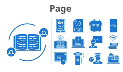 page set. included chip, smartphone, student, learn, book, training, learning, touchscreen, feedback, student-smartphone, ereader, pdf, teacher icons. filled styles.