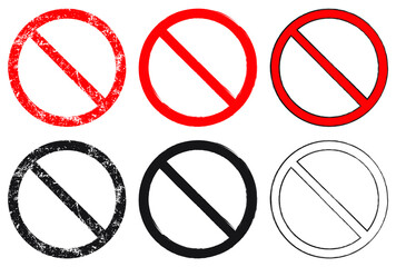 Prohibition symbol set. No sign collection. Denied icon. Red and black forbidden or not allowed logo. painted grunge style texture. Vector illustration image. Isolated on white background.