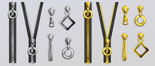 Silver And Gold Zippers With Different Shapes Pullers Isolated On Gray Background. Vector Realistic Set Of Open And Closed Metal Zip Fasteners And Sliders For Clothes And Accessories