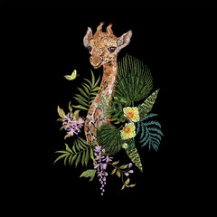 Wall Mural - Embroidery with exotic floral pattern with butterflies, giraffe. and tropical flowers. Vector seamless embroidered pattern for fashion design.