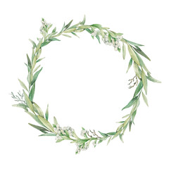  Watercolor eucalyptus and mistletoe wreath. Hand painted floral round frame isolated on white background.