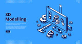 Fototapeta  - 3d modelling isometric landing page. Cad engineer model project on computer desktop screen with construction supplies around. Software program for pc, technical blueprint, vector line art web banner