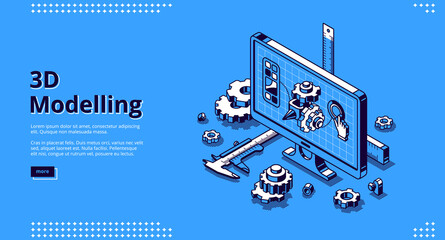 3d modelling isometric landing page. Cad engineer model project on computer desktop screen with construction supplies around. Software program for pc, technical blueprint, vector line art web banner