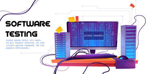 Wall Mural - software testing cartoon banner. functional test, methodology of programming, search errors and bugs