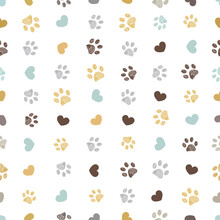 Doodle Grey, Yellow, Turquoise Small Paw Prints With Hearts Seamless Fabric Design Pattern Vector