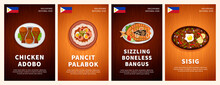 Philippine Cuisine, Traditional Food, National Dishes On A Wooden Table. Chicken Adobo, Pancit Palabok, Sizzling Boneless Bangus, Sisig. Top View. Template For Menu. Flat Vector Illustration.