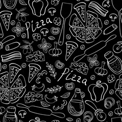 Wall Mural - Pizza with ingredients and supplies hand drawn background. Food doodles seamless pattern. Vector illustration.