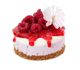 Wall Mural - Cheesecake with fresh raspberries and jam isolated on white