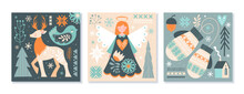 Set Of Three Scandinavian Christmas Or Winter Scenes In Muted Greens And Orange Depicting A Reindeer, Angel And Woolly Gloves Or Mittens, Colored Vector Illustration