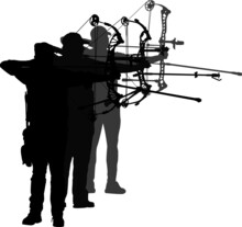 Silhouettes Of Three Male Compound Archers On The Shooting Line
