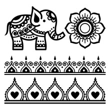 Mehndi Indian Vector Mandala Design Elemnents - Elephant, Floral Mandala, Henna Tattoo Paterns Set
