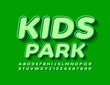 © Popskraft - Vector Natural emblem Kids Park with Green 3D Font. Trendy retro style Alphabet Letters and Numbers