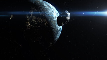 asteroid meteor rock flying toward planet earth realitic cinematic vision of earth and large meteor 