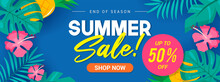 Summer Sale Banner Vector Illustration. Tropical Leaves With Hibiscus Flowers And Pineapple On Blue Background