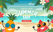 Summer sale banner with fruits character, beach landscape, lettering and floral frame. Vector illustration in flat style