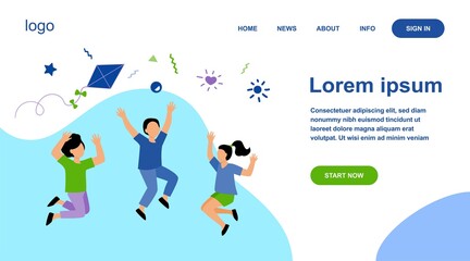 Wall Mural - Happy children playing in summer park flat vector illustration. Cartoon cute boys and girls jumping with kite on meadow. Kindergarten and holiday concept