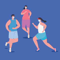 Canvas Print - young people running wearing medical mask, women and man in sportswear jogging, during coronavirus covid 19 vector illustration design