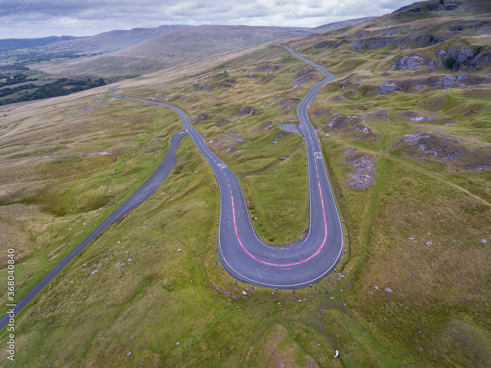 An aerial view of the A4069 known as the Black Mountain Pass in South Wales UK often used in a popular TV car series because of the fast winding roads